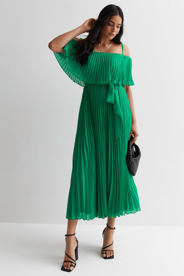 Pleated Bardot Midaxi Dress